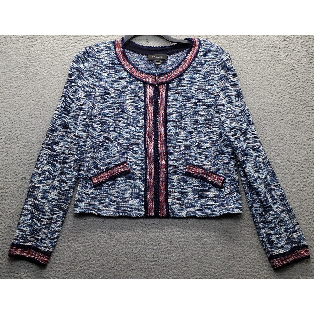 St. John Jacket Womens 10 Multi Long Sleeve Crew-Neck Tweed Trim Front Zip EUC